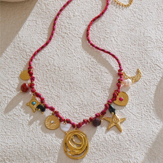 Braided Rope Necklace with Stone Moon & Star Pendant