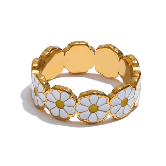 White Enamel Daisy Flower Ring