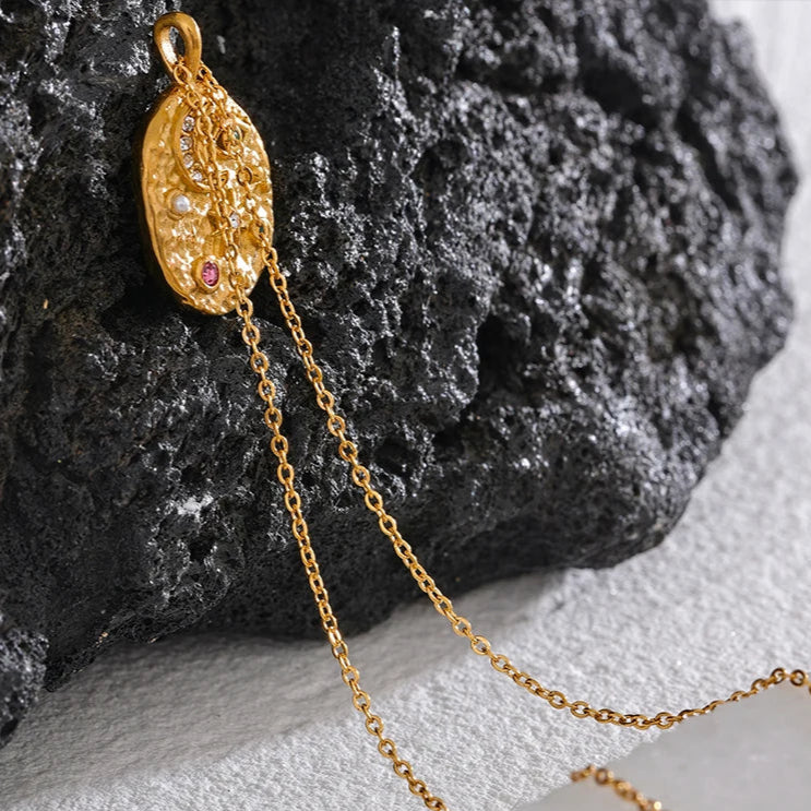 Moon, Star & Eye Oval Pendant Necklace