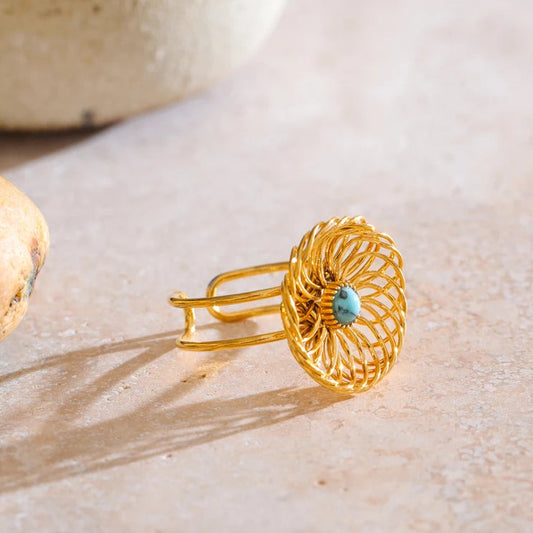 Adjustable Ring With Stone & Floral Hollow Design