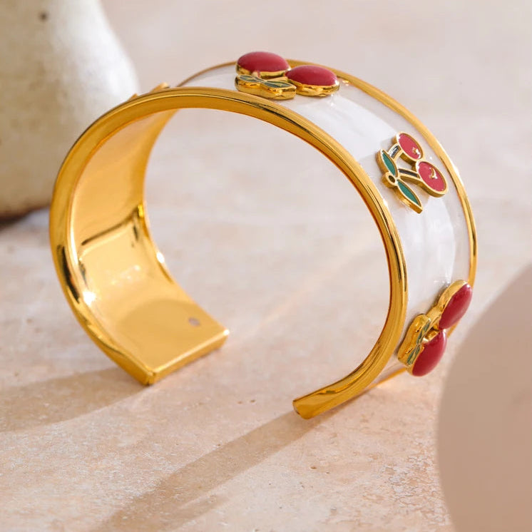 White Enamel Cherry Cuff Bracelet
