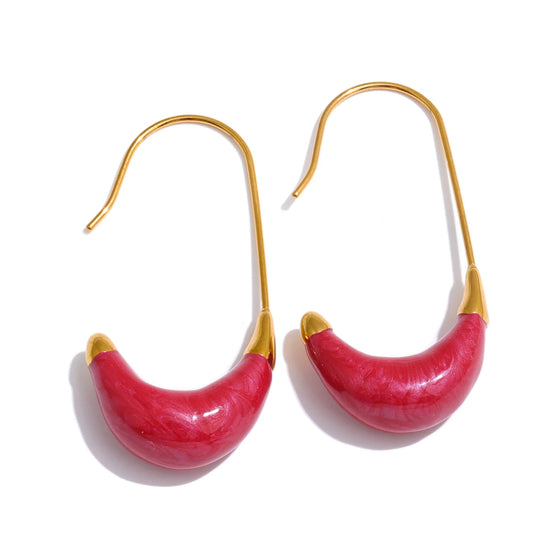 Red & White Enamel U-Shape Hoop Earring
