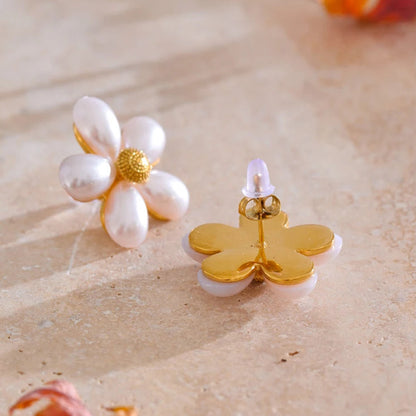 Flower Stud Earrings with Simulated Pearls