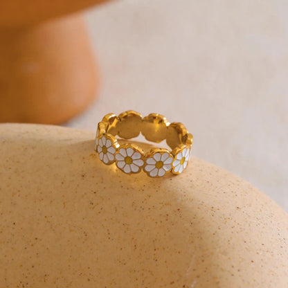 White Enamel Daisy Flower Ring