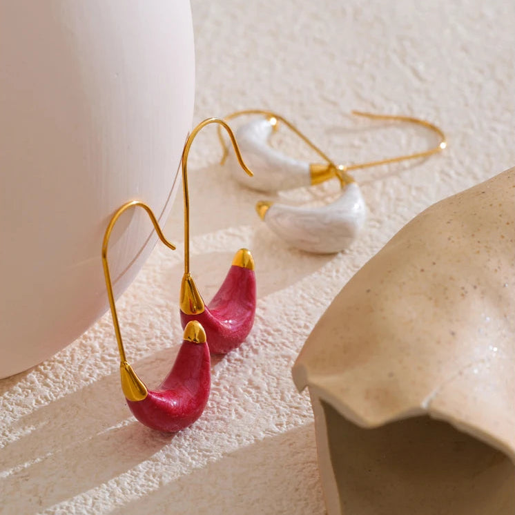 Red & White Enamel U-Shape Hoop Earring