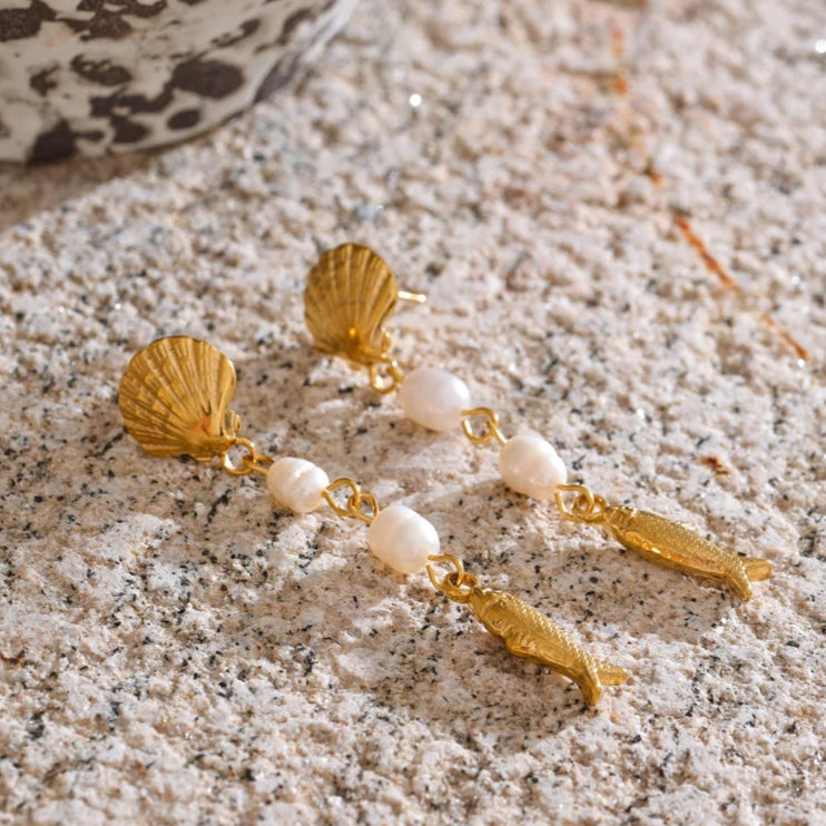 Ocean-Inspired Pearl & Shell Fish Dangle Earrings