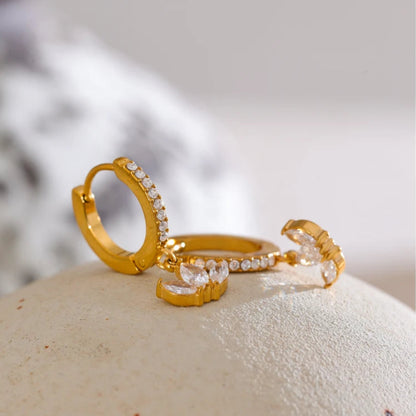 Gold Cubic Zirconia Flower Drop Hoop Earrings