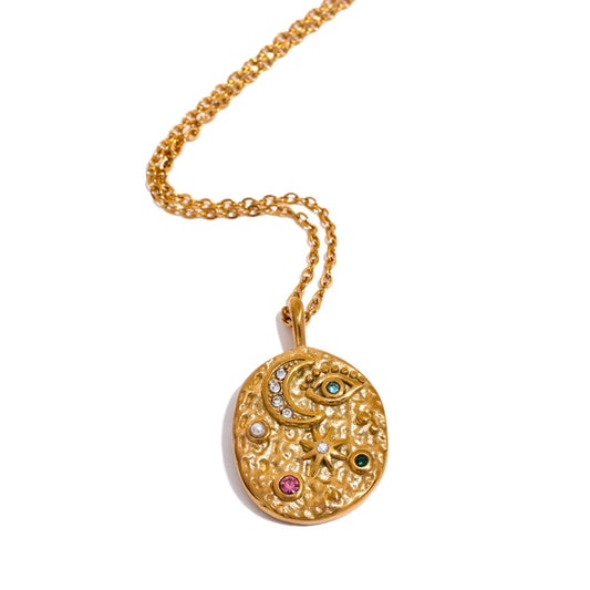 Moon, Star & Eye Oval Pendant Necklace