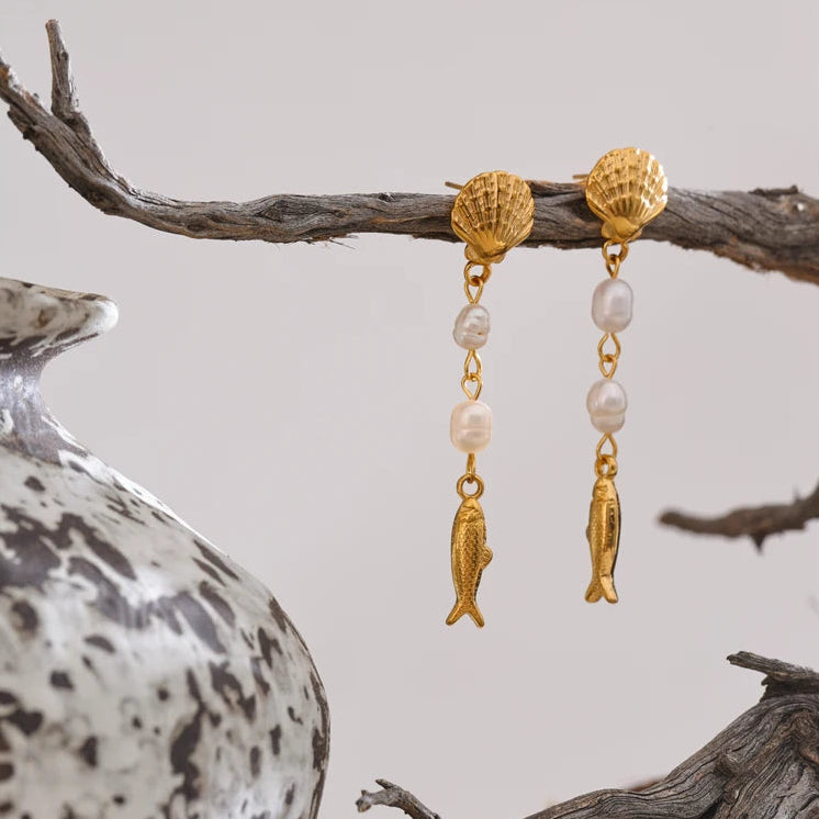 Ocean-Inspired Pearl & Shell Fish Dangle Earrings