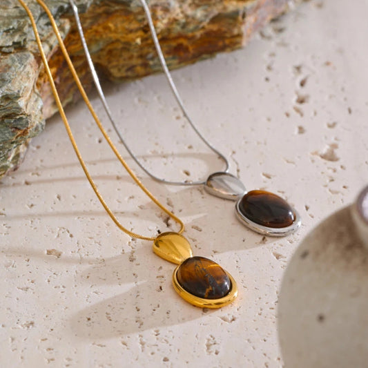 Tiger Eye Stone Oval Pendant Necklace