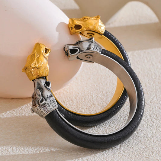 Vintage Leather & Wolf Cuff Bracelet