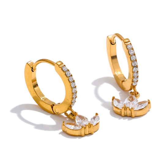 Gold Cubic Zirconia Flower Drop Hoop Earrings