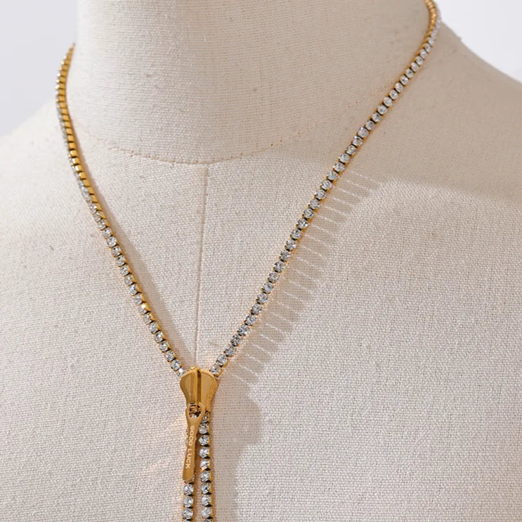 Shiny Cubic Zirconia Zip Pendant Long Necklace