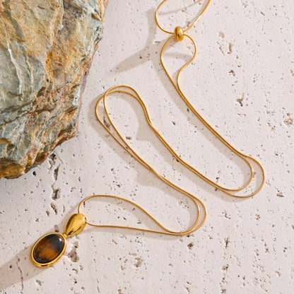 Tiger Eye Stone Oval Pendant Necklace
