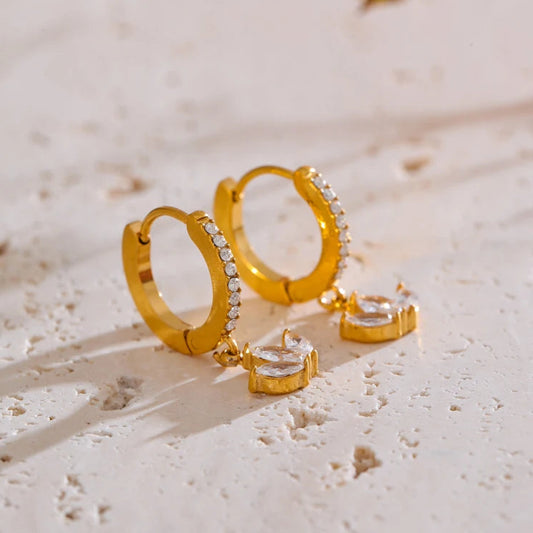 Gold Cubic Zirconia Flower Drop Hoop Earrings