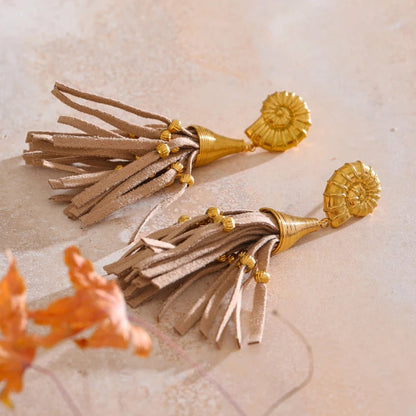 Shell & Coffee Fiber Leather Tassel Drop Earrings