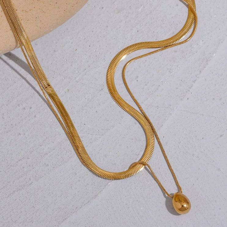 Double Layer Snake Chain Necklace with Water Drop Pendant