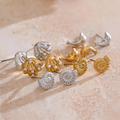 Ocean-Inspired Shell, Conch & Dolphin Stud Earrings