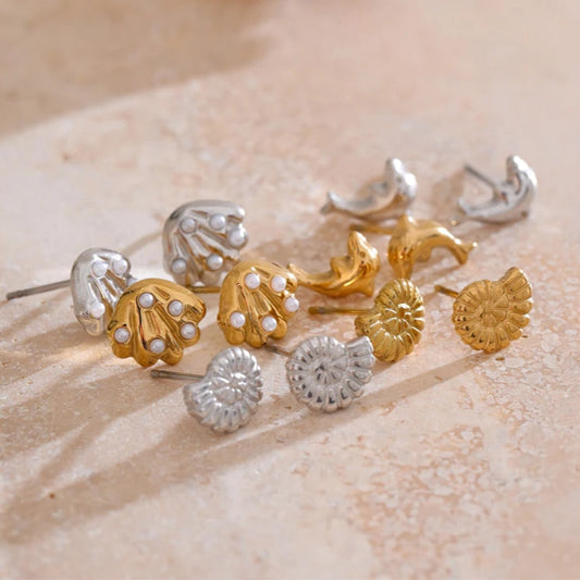 Ocean-Inspired Shell, Conch & Dolphin Stud Earrings