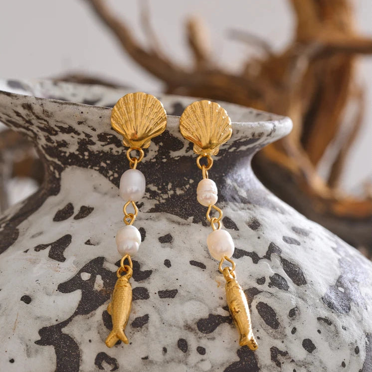 Ocean-Inspired Pearl & Shell Fish Dangle Earrings