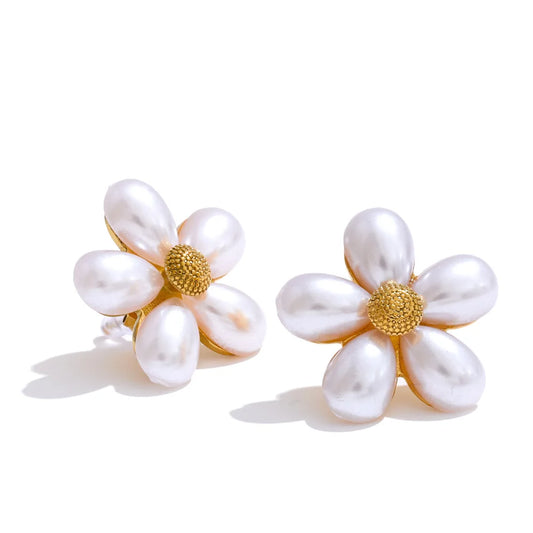Flower Stud Earrings with Simulated Pearls