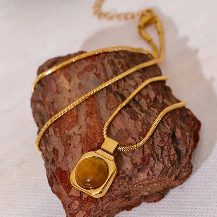 Tiger Eye Stone Square Pendant Necklace