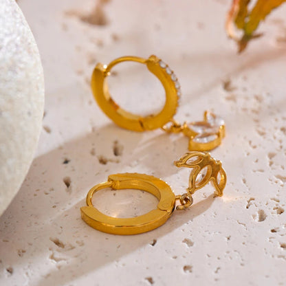 Gold Cubic Zirconia Flower Drop Hoop Earrings