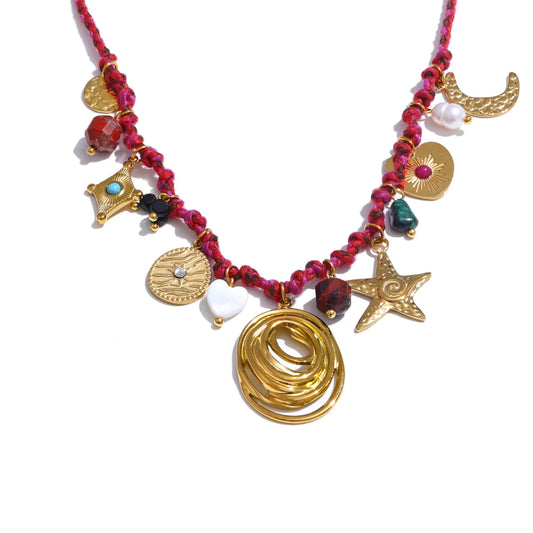 Braided Rope Necklace with Stone Moon & Star Pendant