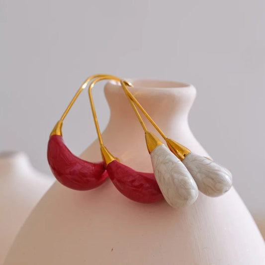 Red & White Enamel U-Shape Hoop Earring