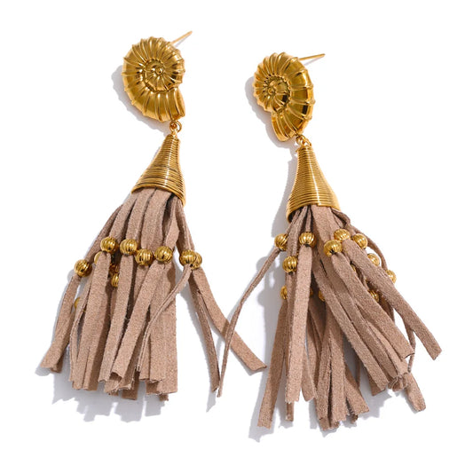 Shell & Coffee Fiber Leather Tassel Drop Earrings