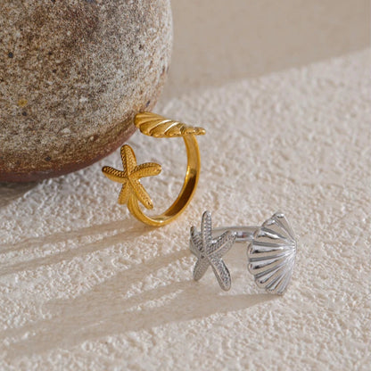 Ocean Shell & Starfish Adjustable Ring
