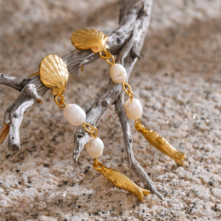 Ocean-Inspired Pearl & Shell Fish Dangle Earrings