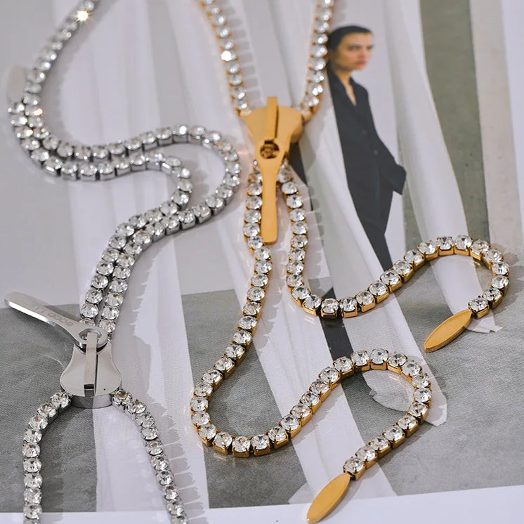 Shiny Cubic Zirconia Zip Pendant Long Necklace