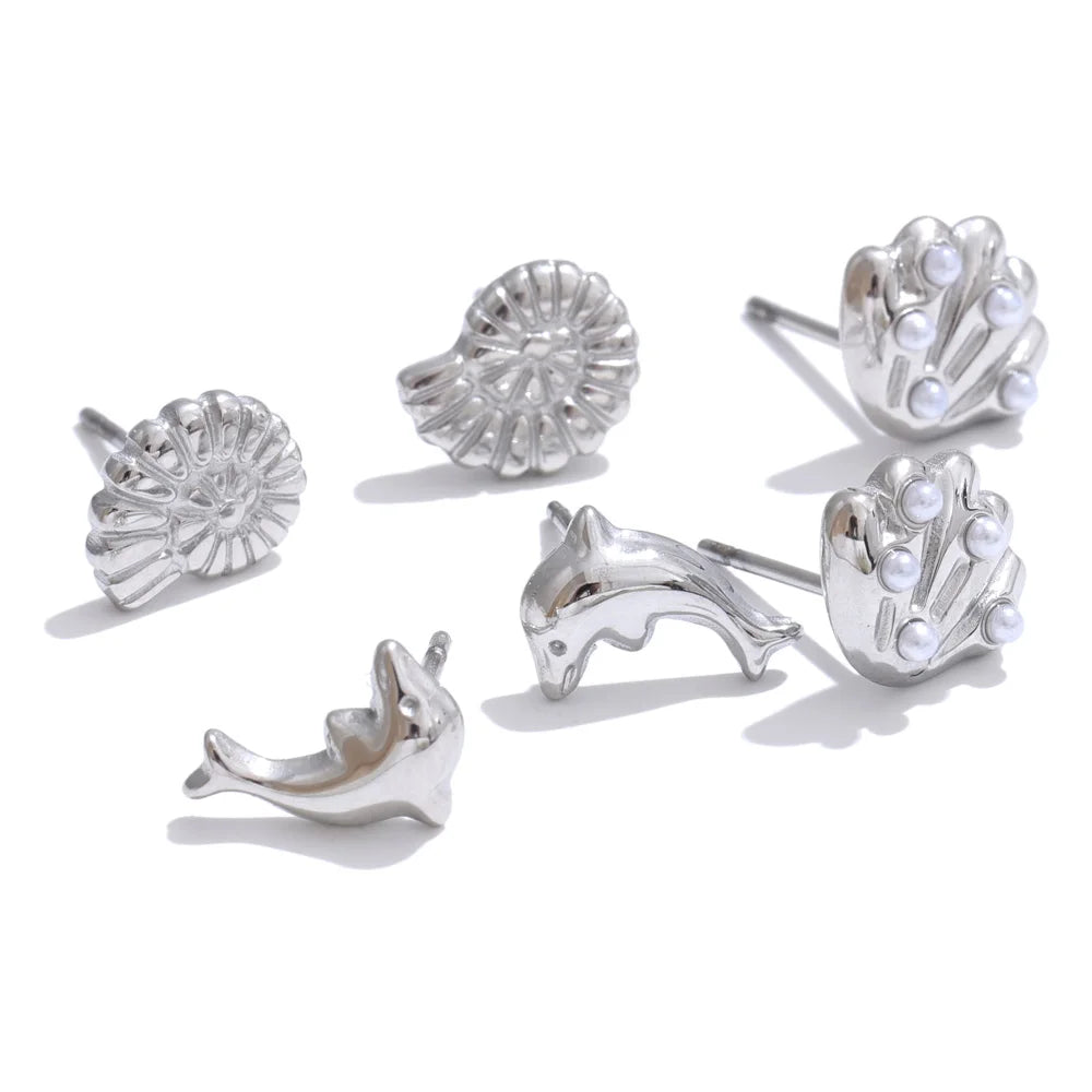 Ocean-Inspired Shell, Conch & Dolphin Stud Earrings