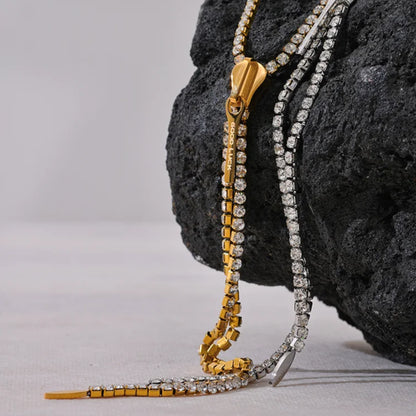 Shiny Cubic Zirconia Zip Pendant Long Necklace