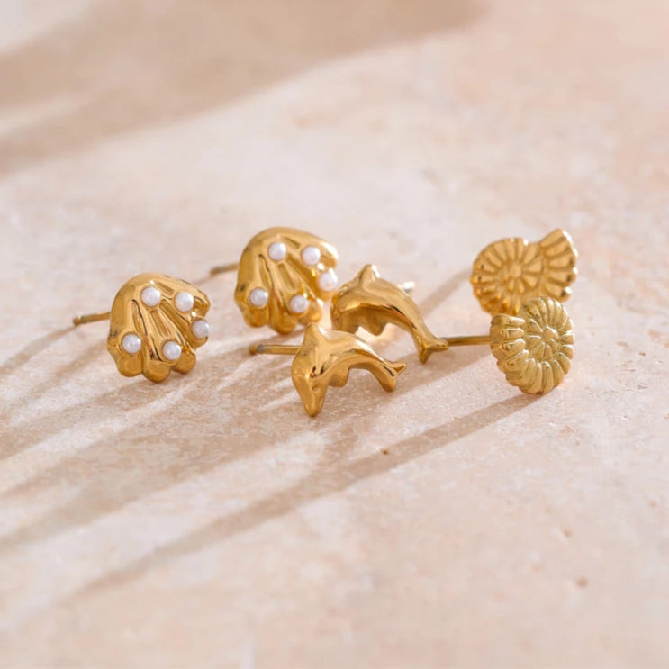 Ocean-Inspired Shell, Conch & Dolphin Stud Earrings