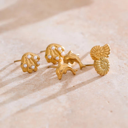 Ocean-Inspired Shell, Conch & Dolphin Stud Earrings