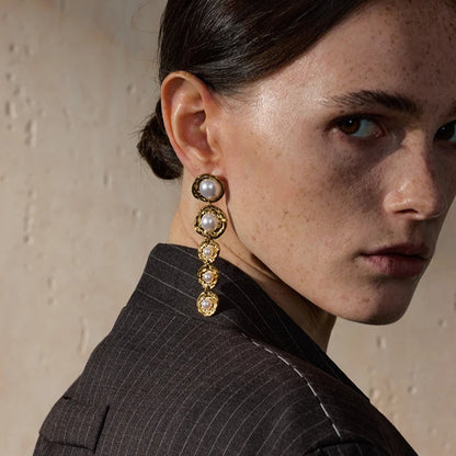 Simulated Pearl Long Drop Earrings