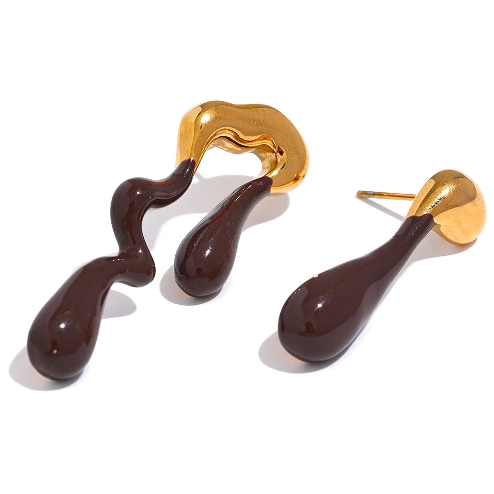 Asymmetrical White & Brown Enamel Stud Earrings