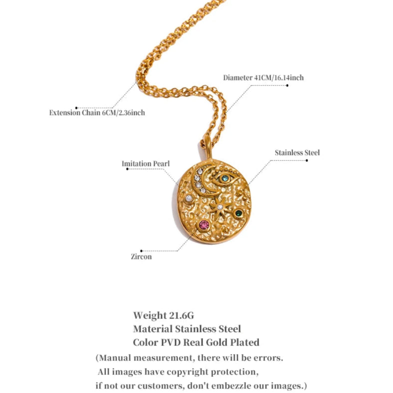 Moon, Star & Eye Oval Pendant Necklace