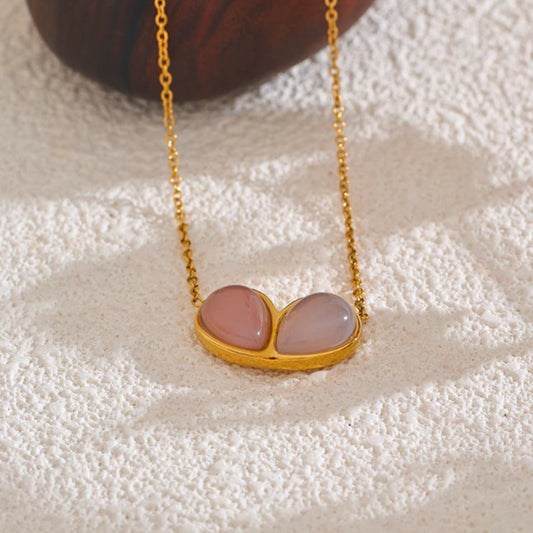 Natural Pink Stone Heart Pendant Necklace
