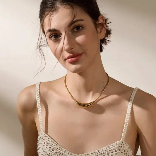 Model wearing minimalist choker necklace