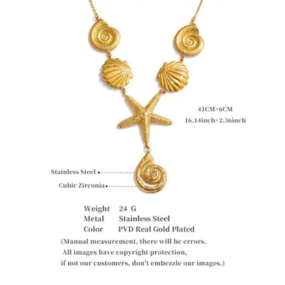 Starfish and shell pendant necklace in gold
